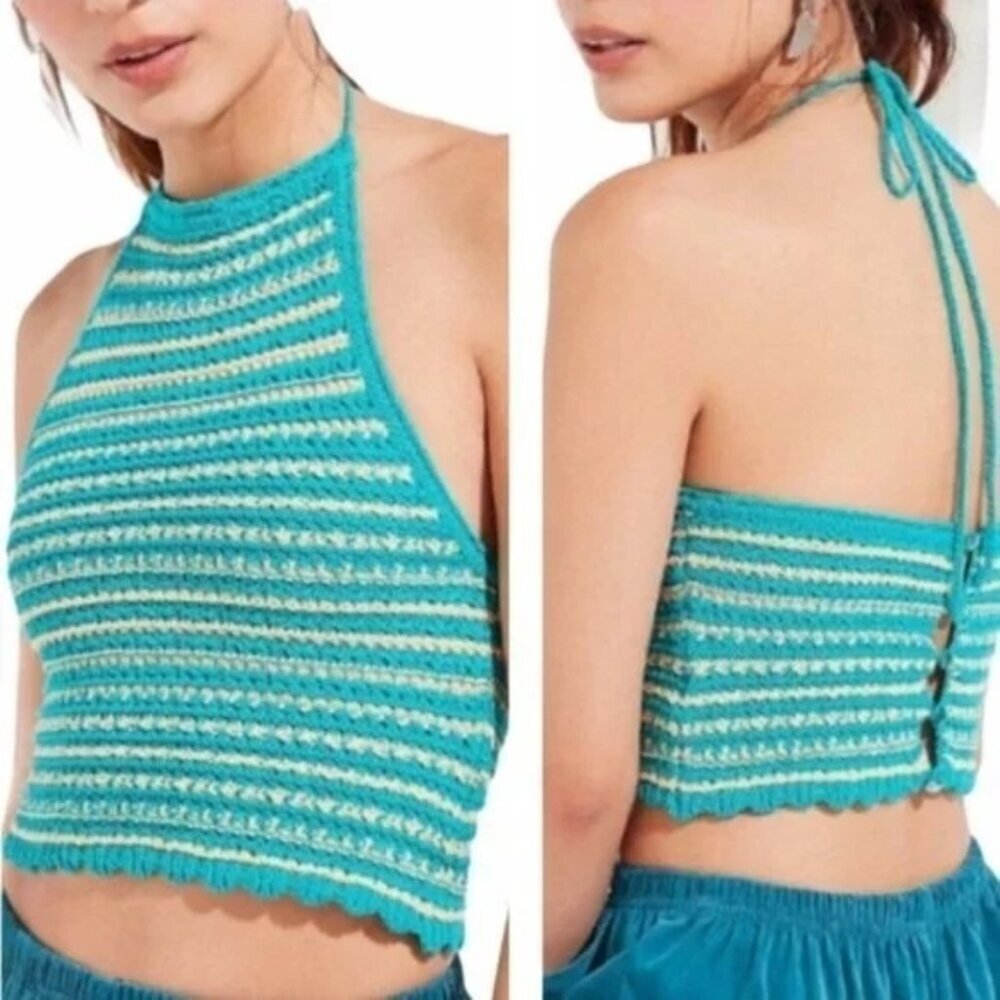 Urban Outfitters Blue Striped Crochet Halter Crop Top